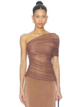 MISHA - Interwoven Jersey Women's One-Shoulder Ruched Mesh Top Brown