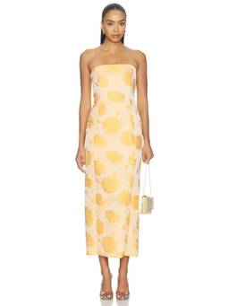 Milkwhite - Floral Women's Strapless Twill Midi Dress Yellow