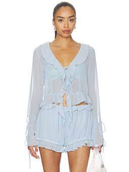 Milkwhite - Ruffle Women's Sheer Tie-Up Crop Top Blue