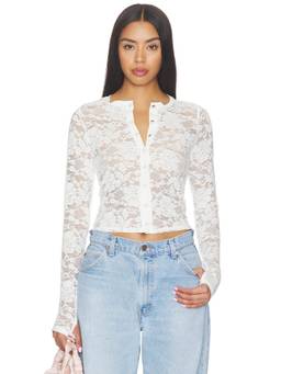 Michael Lauren - Vesca Lace Women's Sheer Snap Front Long Sleeve Top White