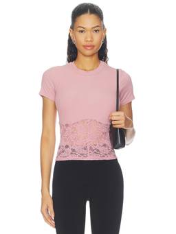 Michael Lauren - Ember Rib Lace Women's Lace Detail Crew Neck T-Shirt Pink