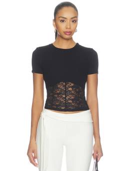 Michael Lauren - Ember Rib Lace Women's Short Sleeve Crop Top Black