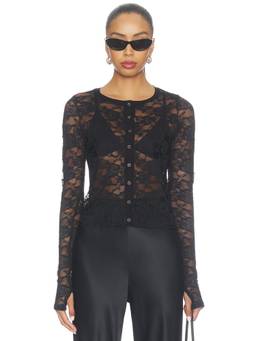 Michael Lauren - Vesca Lace Women's Sheer Snap Front Long Sleeve Top Black