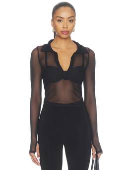 Michael Lauren - Mesh Longsleeve Women's Sheer V-Neck Polo Top Black