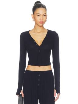 Michael Lauren - Fremont Women's Deep V Snap Henley Crop Top Black