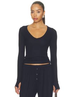 Michael Lauren - Otis Women's Ribbed Fitted V-Neck Long Sleeve Top Black