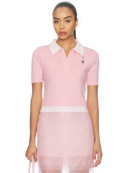 Monse - Doubled Half Front Placket Women's Merino Wool Knit Tee Pink