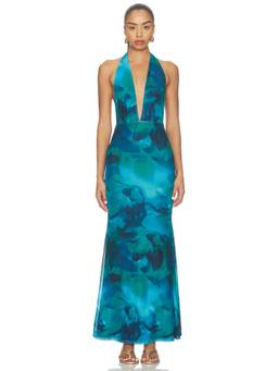 MORE TO COME - Lailah Women's Halter Neck Plunge Maxi Dress Blue