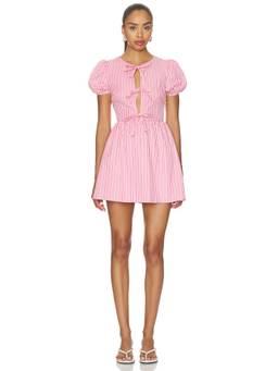MORE TO COME - Heather Women's Striped Puff Sleeve Tie-Up Mini Dress Pink