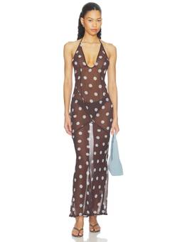 MORE TO COME - Reva Women's Sheer Polka Dot Halter Neck Maxi Dress Brown