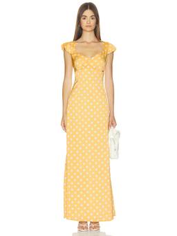 MORE TO COME - Polka Dot Women's Cap Sleeve Satin Maxi Dress Yellow