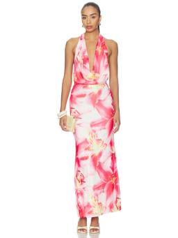 MORE TO COME - Desdemona Women's Floral Halter Neck Backless Maxi Dress Pink