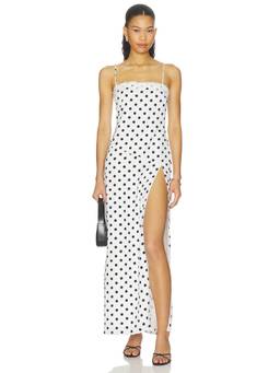 MORE TO COME - Cindy Women's Polka Dot Lace Trim Side Slit Maxi Dress White