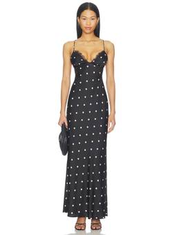 MORE TO COME - Isabella Women's Polka Dot Lace Trim Slip Maxi Dress Black