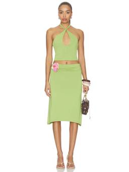MORE TO COME - Midi Women's Halter Neck Cut-Out Skirt Set Green