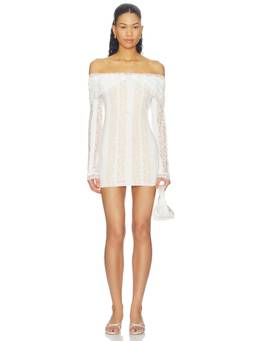 MORE TO COME - Off Shoulder Women's Lace Scalloped Hem Mini Dress White