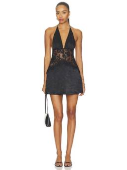 MORE TO COME - Satin Lace Paneling Women's Halter Neck Mini Dress Black