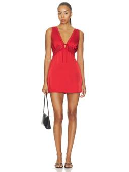 MORE TO COME - Shannon Women's Satin Lace Trim Tie-Up Mini Dress Red