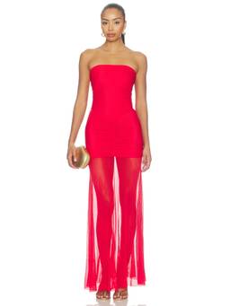 MORE TO COME - Britney Women's Ruched Strapless Mesh Maxi Dress Red