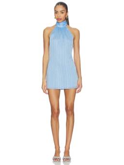 MORE TO COME - Carinah Women's Halter Neck Metallic Detail Mini Dress Blue