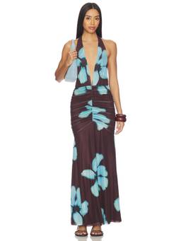 MORE TO COME - Zadie Women's Ruched Plunging Halter Neck Maxi Dress Brown
