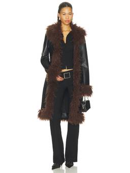 MORE TO COME - Shaggy Women's Faux Fur Trim Faux Leather Overcoat Black