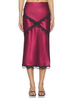 MORE TO COME - Priscilla Women's Satin Lace Trim Midi Skirt Maroon