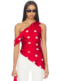 MORE TO COME - Mindy Women's One Shoulder Polka Dot Satin Top Red