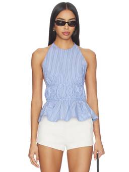 MORE TO COME - Drisana Women's Striped Halter Neck Poplin Peplum Top Blue