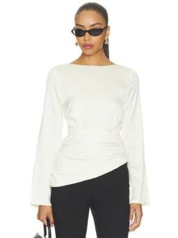 MORE TO COME - Satin Women's Ruched Asymmetric Hem Blouse Off White