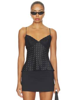 MORE TO COME - Women's Lace Trim Polka Dot Satin Crepe Cami Top Black