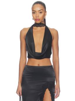 MORE TO COME - Flyn Women's Satin Halter Cowl Neck Crop Top Black