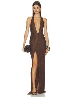 MAY MASHIAH - Sequin Mesh Women's Halter Neck Side Slit Maxi Dress Brown