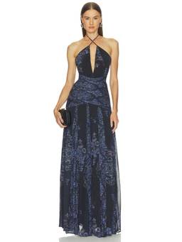 Muma World - Alina Women's Halter Neck Printed Maxi Dress Black