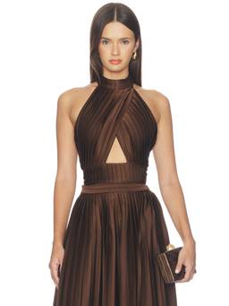 Mayle Vasquez - Cafe Women's Pleated Halter Neck Cut-Out Crop Top Brown