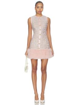 Nadine Merabi - Boucle Women's Faux Fur Trim Tweed Mini Dress Pink