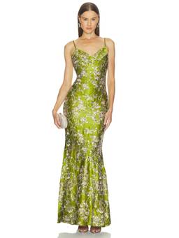 Nadine Merabi - Satin Embellished Women's Strappy Maxi Dress Green