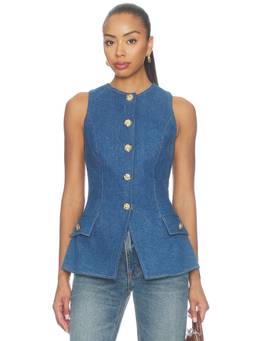 Nadine Merabi - Vintage Wash Women's Sleeveless Snap Button Denim Waist Coat Blue