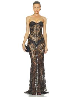 The New Arrivals by Ilkyaz Ozel - Women's Sheer Lace Strapless Corset Maxi Dress Black