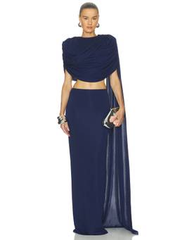 The New Arrivals by Ilkyaz Ozel - Khara Women's Draped Padded Shoulder Crop Top Navy Blue