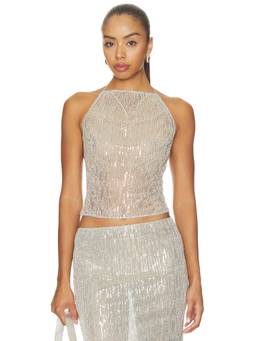 The New Arrivals by Ilkyaz Ozel - Rayy Women's Sequin Embellished Halter Neck Crop Top Silver