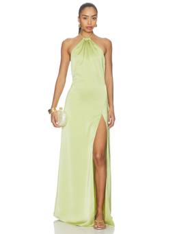 NBD - Harnoor Women's Satin Halter Neck Side Slit Gown Green