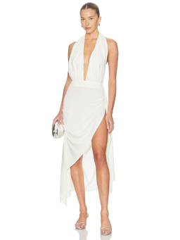 NBD - Sleek Jersey Women's Halterneck Asymmetric Hem Midi Dress White