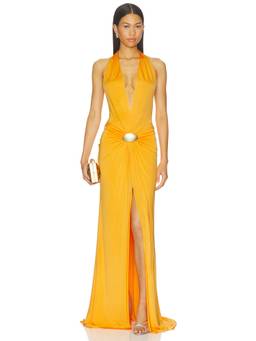 NBD - Juhi Women's Halter Plunging Neck Ruched Gown Yellow