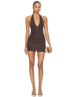 NBD - Maddisyn Shimmer Women's Halter Plunging Neck Bodycon Mini Dress Bronze