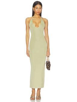 NBD - Jamy Women's Deep V Halter Shimmer Knit Maxi Dress Gold