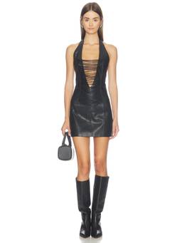 NBD - Kamini Women's Halter Plunging Neck Faux Leather Mini Dress Black