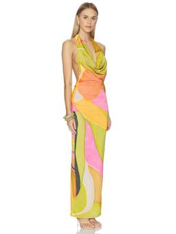 Never Fully Dressed - Abstract Sabine Women's Halter Neck Maxi Dress Multi-Color