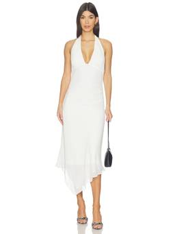 NIA - Women's Halter Neck Asymmetric Hem Midi Dress White
