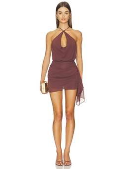 NIA - Ruched Women's Cut-Out Halter Neck Mini Dress Maroon